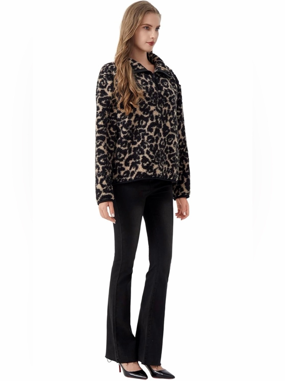 Women's Tan & Black Leopard Teddy Jacket - Cozy Half Zip Pullover - Picture 4 of 7